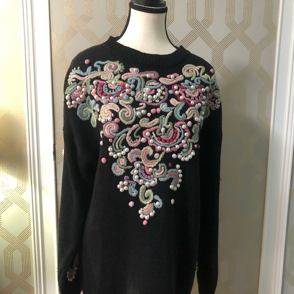 Vintage 80s BOAZ Black/Pastel Embroidered W/Pearls Sweater Ramie Cotton - Picture 3 of 7